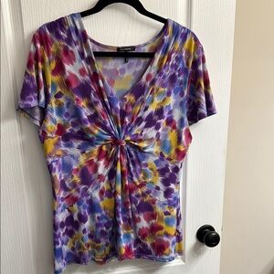 Daisy Fuentes Purple and Blue Tie Front Short Sleeve Blouse